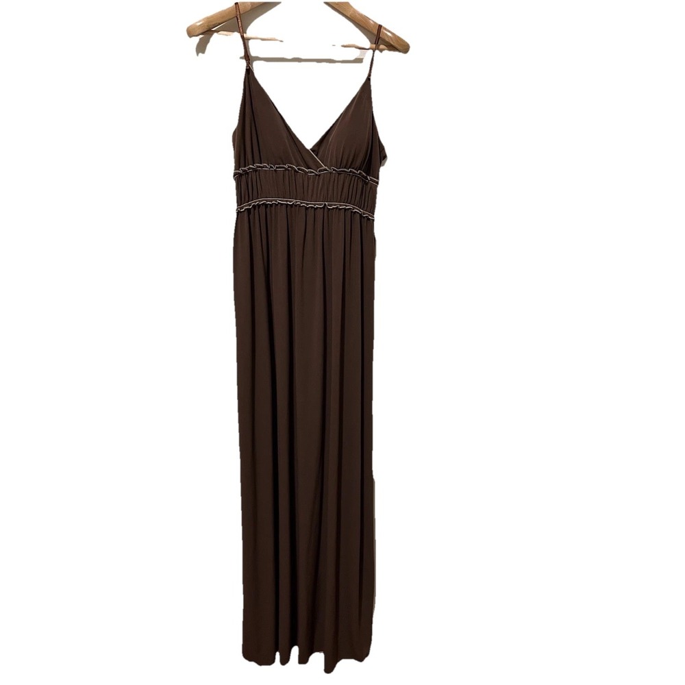 Max Studio Brown Maxi Dress V-Neck Empire Waist Ruffle Trim Mocha M New